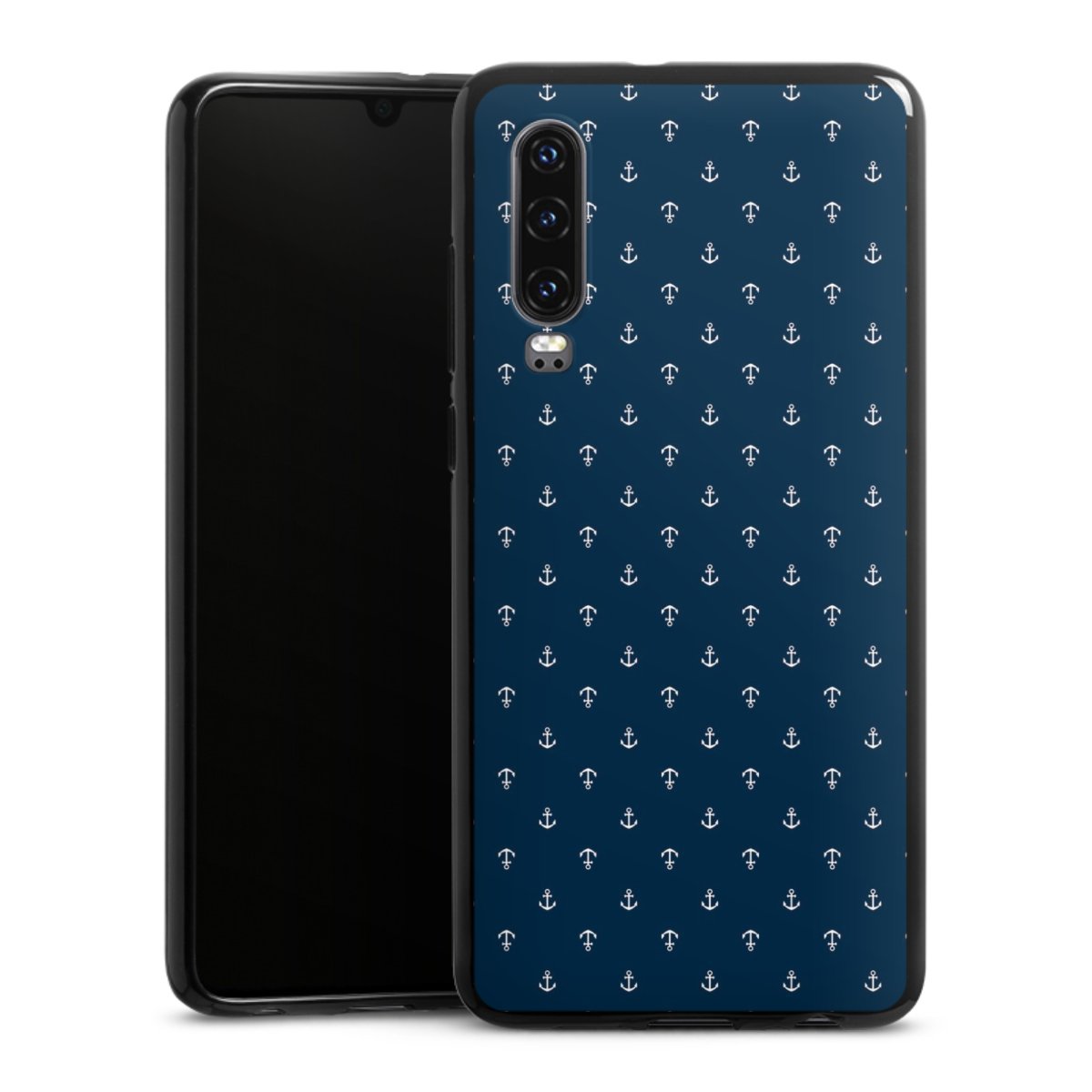 Huawei P30 Handy Silikon Hülle Case schwarz Handyhülle Muster Anchor Sail