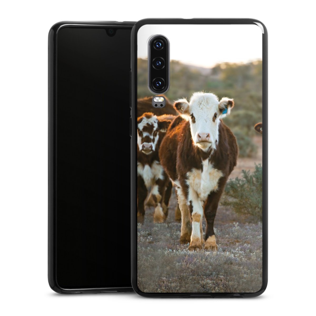 Huawei P30 Handy Silikon Hülle Case schwarz Handyhülle Cow Farmer Calf