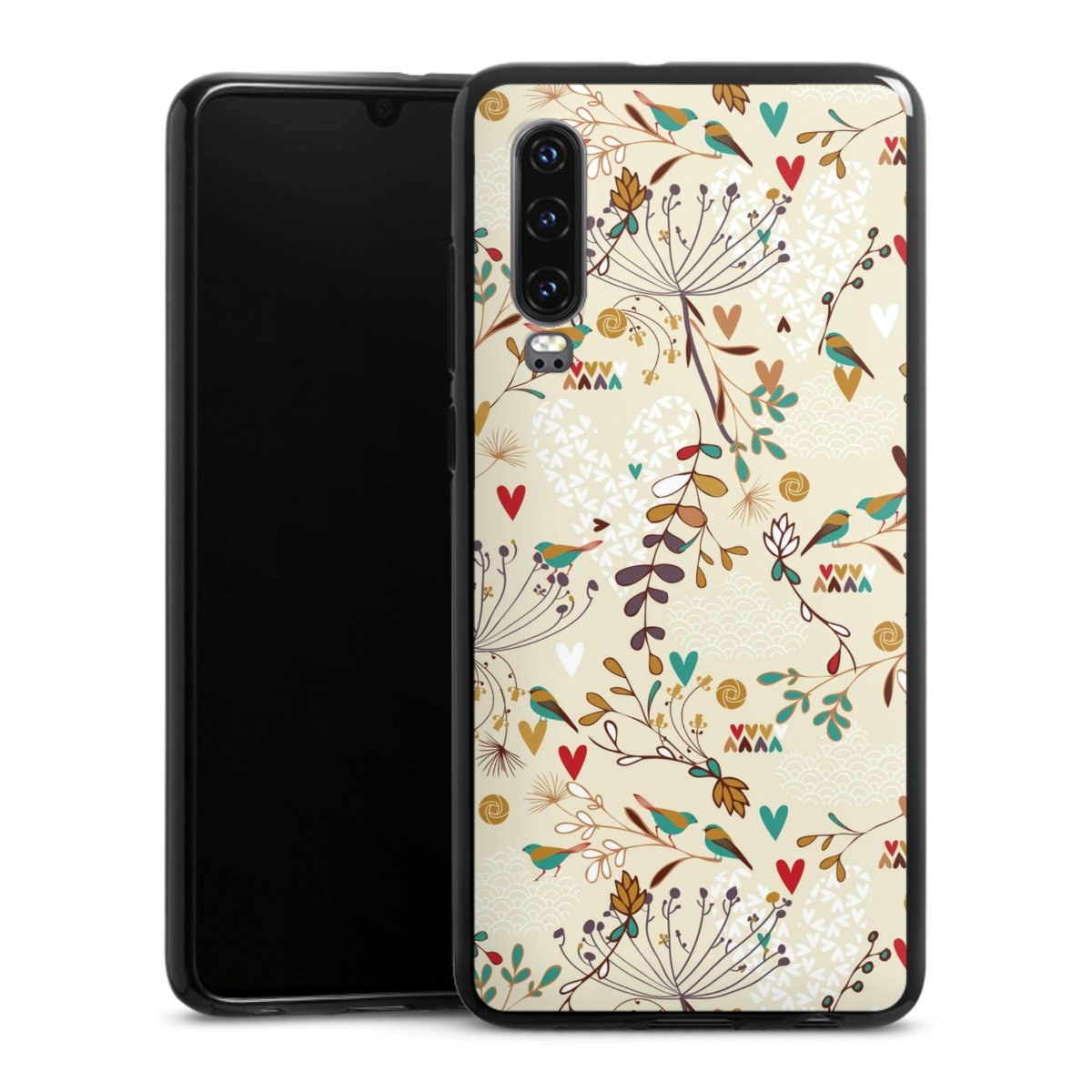 Huawei P30 Handy Silikon Hülle Case schwarz Handyhülle Bird Flowers Retro