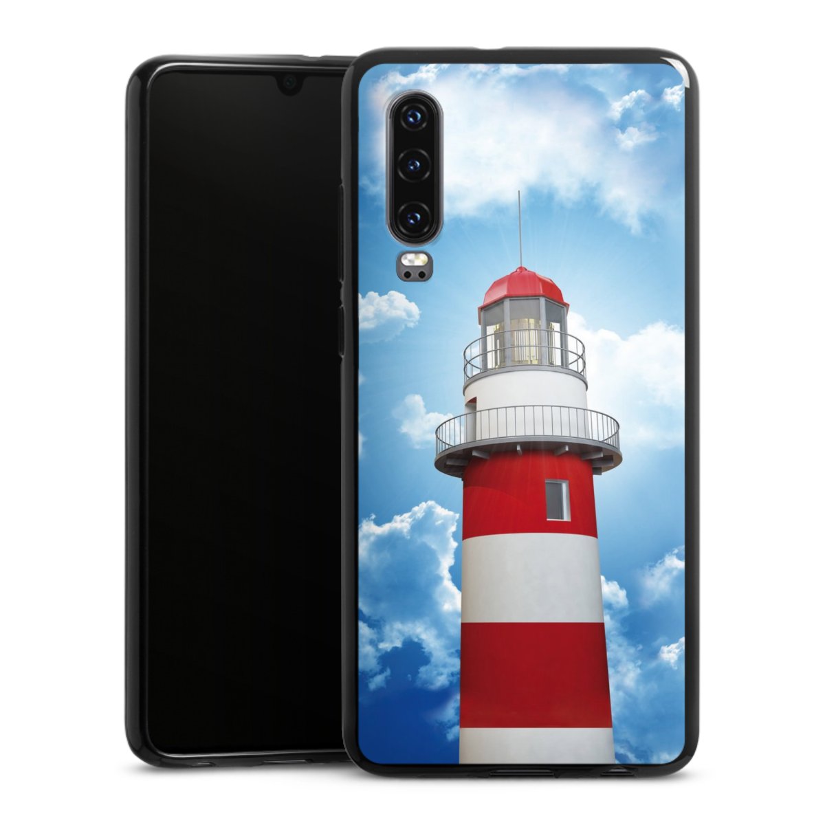 Huawei P30 Handy Silikon Hülle Case schwarz Handyhülle Lighthouse Sky Cloud