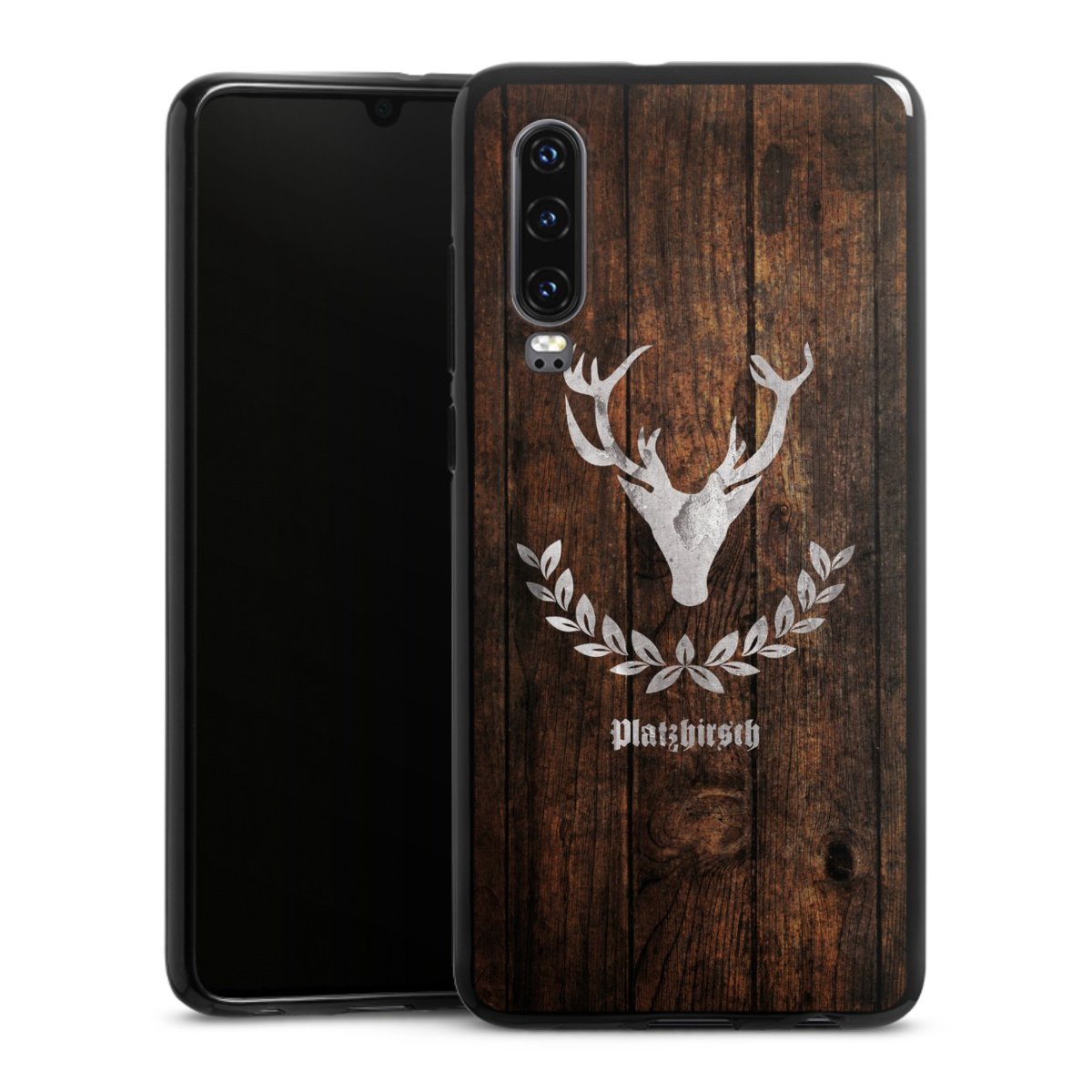 Huawei P30 Handy Silikon Hülle Case schwarz Handyhülle Deer Wood Wooden Look