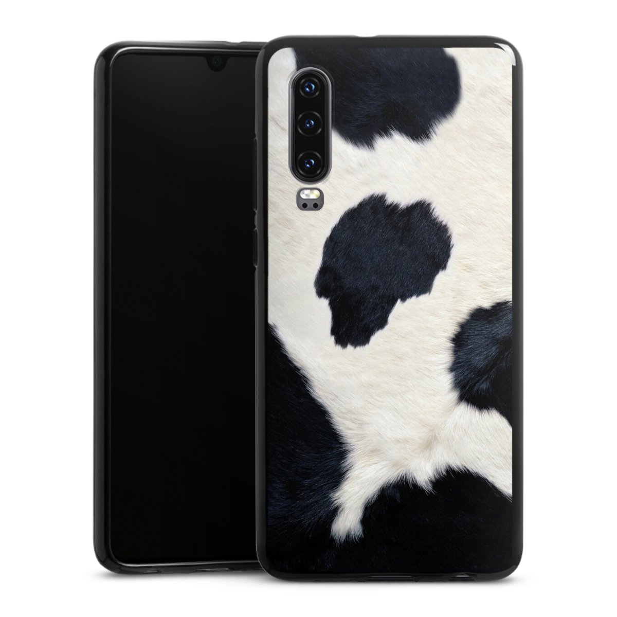 Huawei P30 Handy Silikon Hülle Case schwarz Handyhülle Animal Look Animal Print Cow Skin