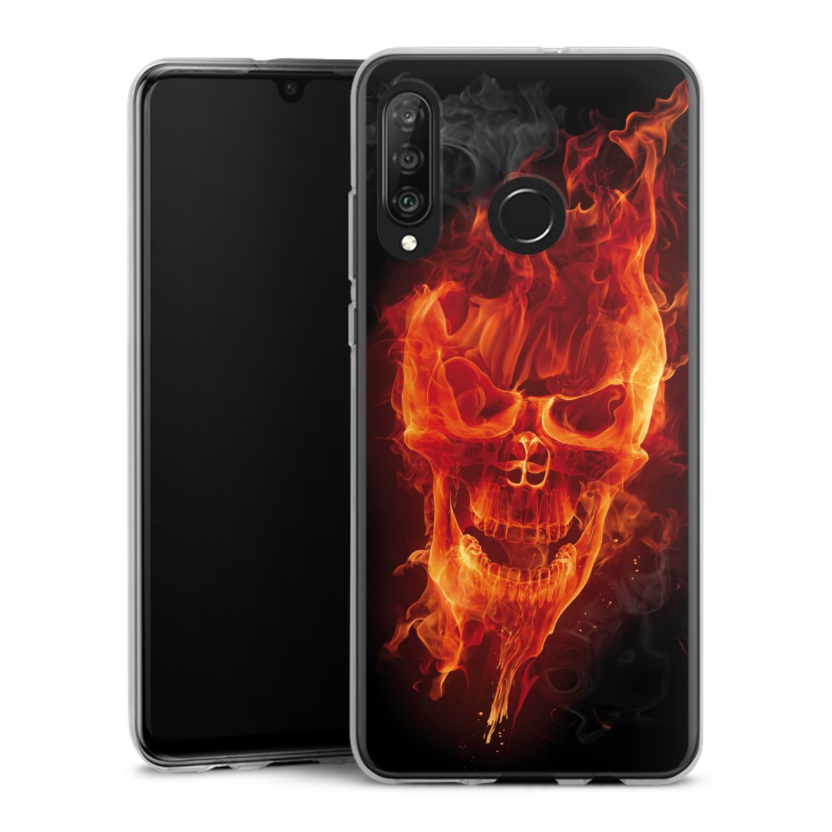 Huawei P30 Lite Handy Silikon Hülle Case transparent Handyhülle Totenkopf Skull Fire Silikon Case