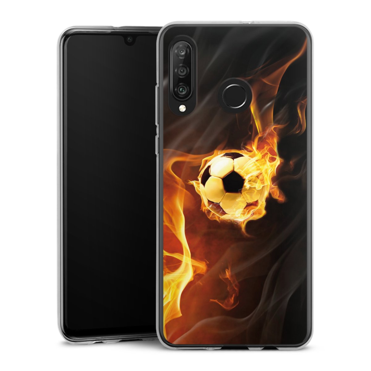 Huawei P30 Lite Handy Silikon Hülle Case transparent Handyhülle Ball Fire Soccer Silikon Case