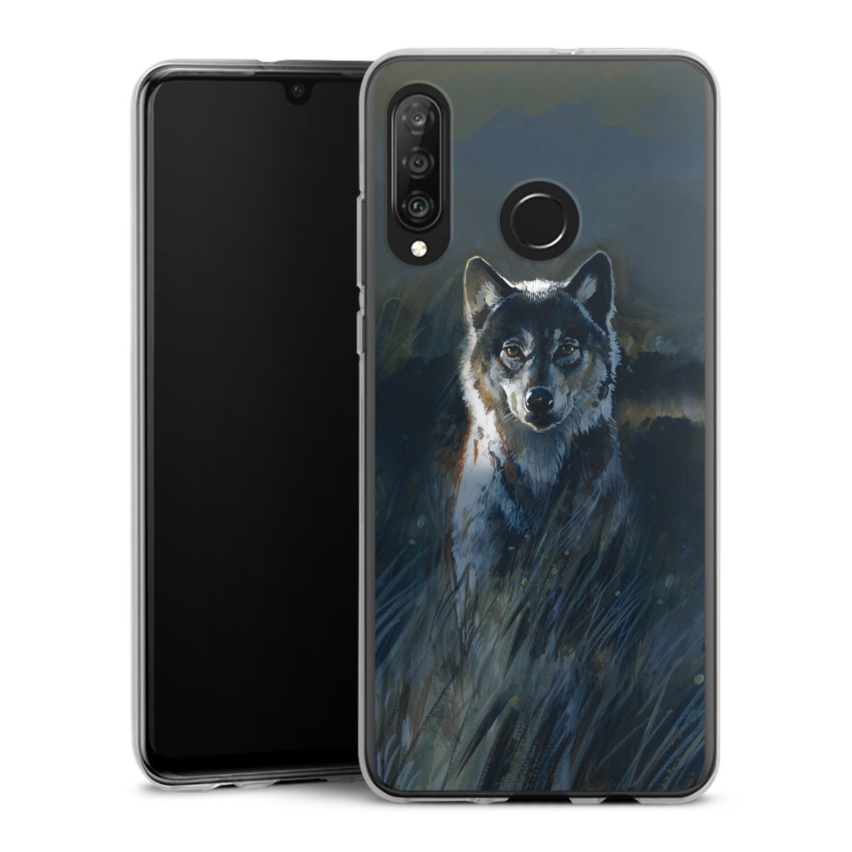 Huawei P30 Lite Handy Silikon Hülle Case transparent Handyhülle Nature Wolf Painting Silikon Case