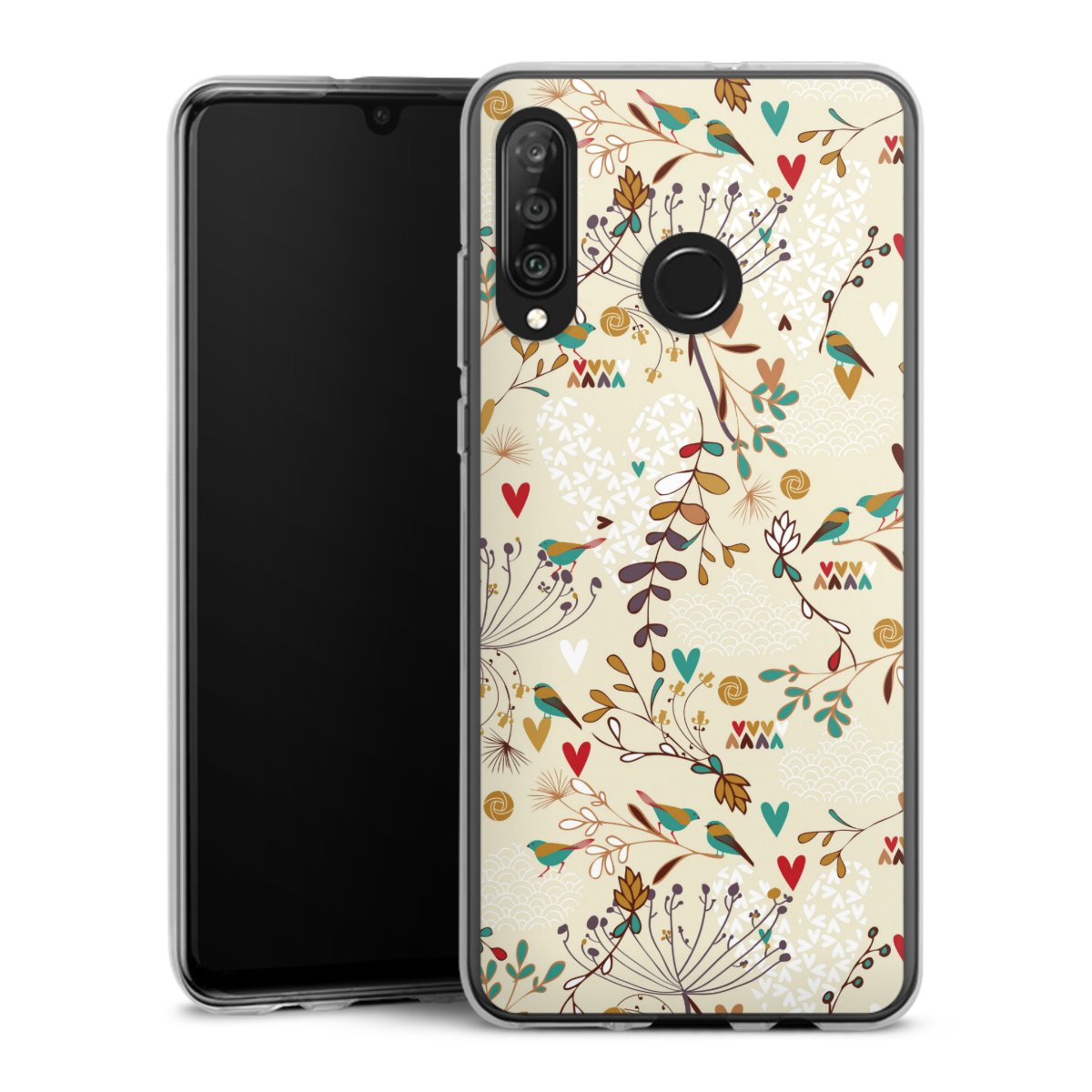 Huawei P30 Lite Handy Silikon Hülle Case transparent Handyhülle Bird Flowers Retro Silikon Case