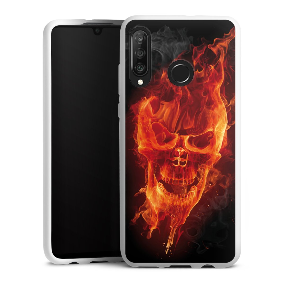 Huawei P30 Lite Handy Silikon Hülle Case weiß Handyhülle Totenkopf Skull Fire Silikon Case