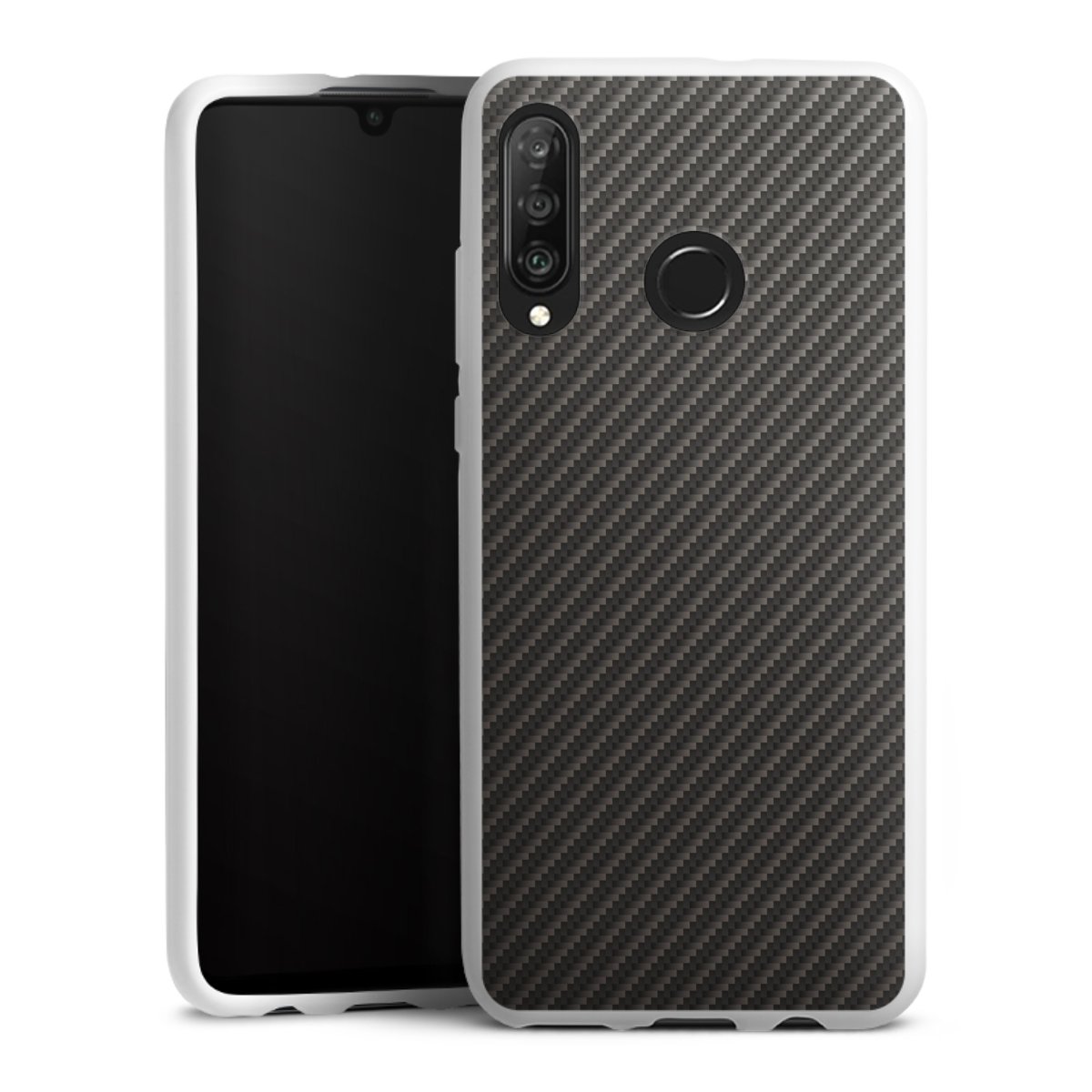 Huawei P30 Lite Handy Silikon Hülle Case weiß Handyhülle Metallic Look Carbon Muster Silikon Case