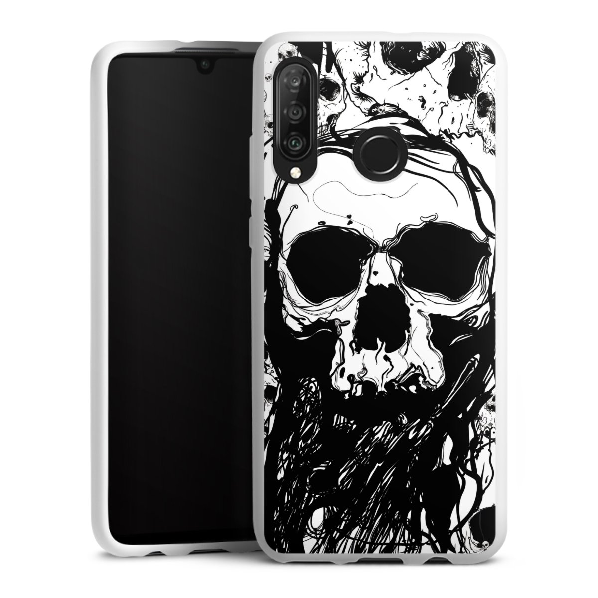 Huawei P30 Lite Handy Silikon Hülle Case weiß Handyhülle Totenkopf Halloween Silikon Case