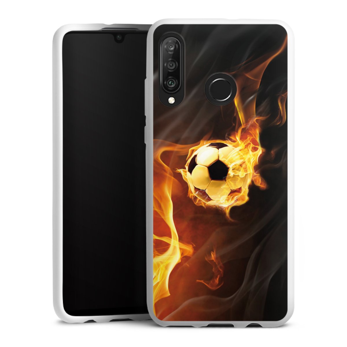 Huawei P30 Lite Handy Silikon Hülle Case weiß Handyhülle Ball Fire Soccer Silikon Case