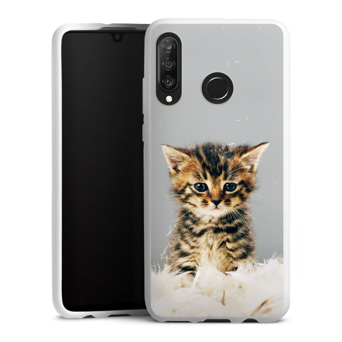 Huawei P30 Lite Handy Silikon Hülle Case weiß Handyhülle Cat Feather Pet Silikon Case