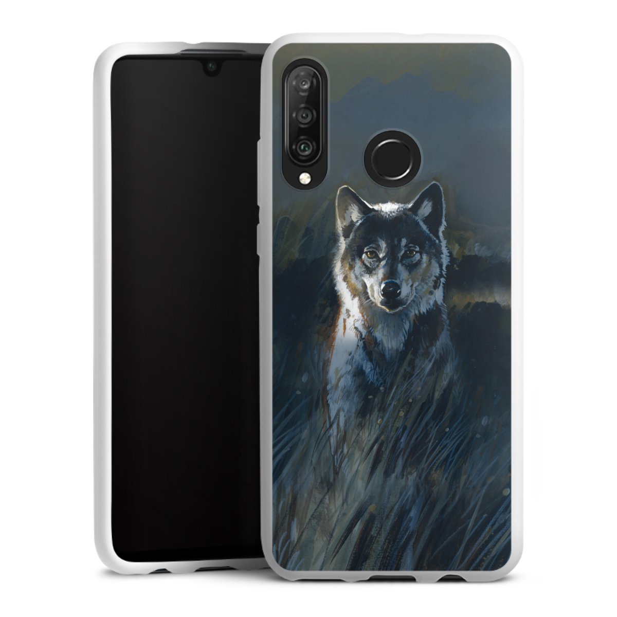 Huawei P30 Lite Handy Silikon Hülle Case weiß Handyhülle Nature Wolf Painting Silikon Case