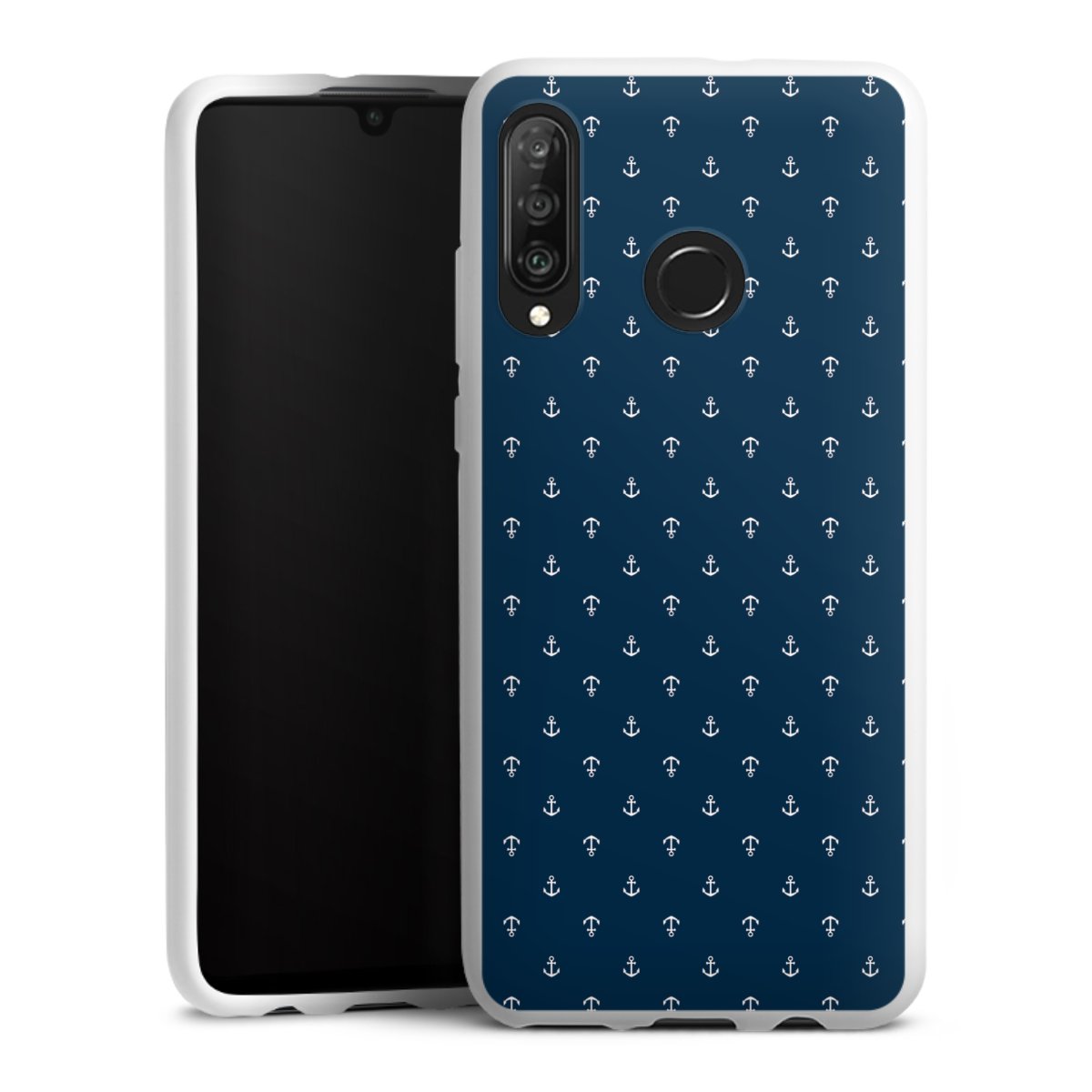 Huawei P30 Lite Handy Silikon Hülle Case weiß Handyhülle Muster Anchor Sail Silikon Case