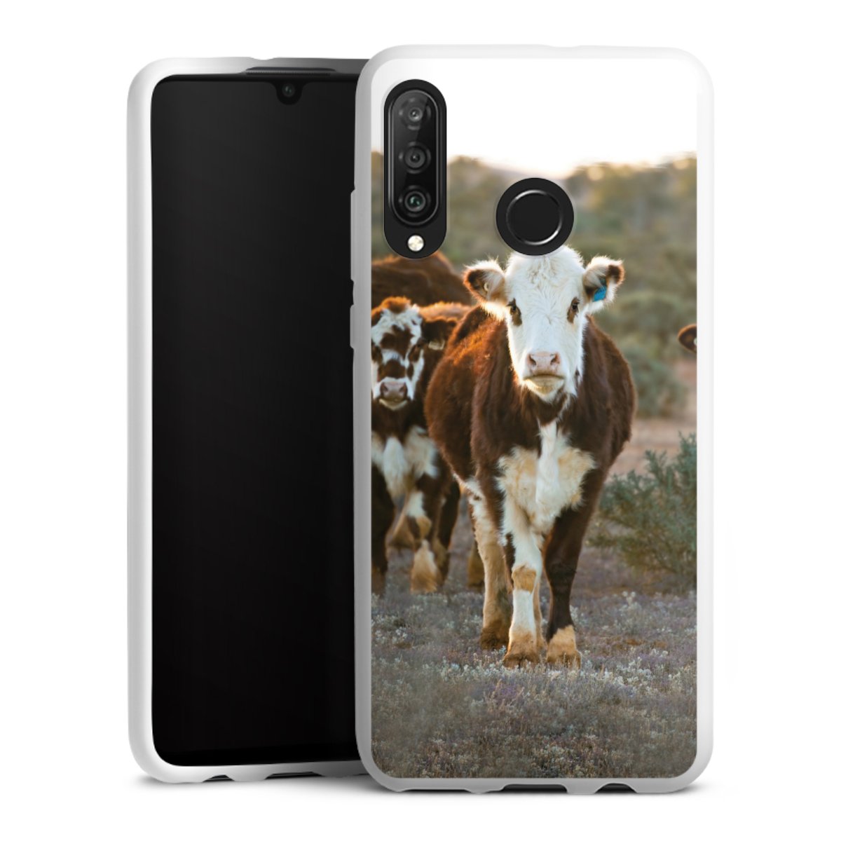 Huawei P30 Lite Handy Silikon Hülle Case weiß Handyhülle Cow Farmer Calf Silikon Case