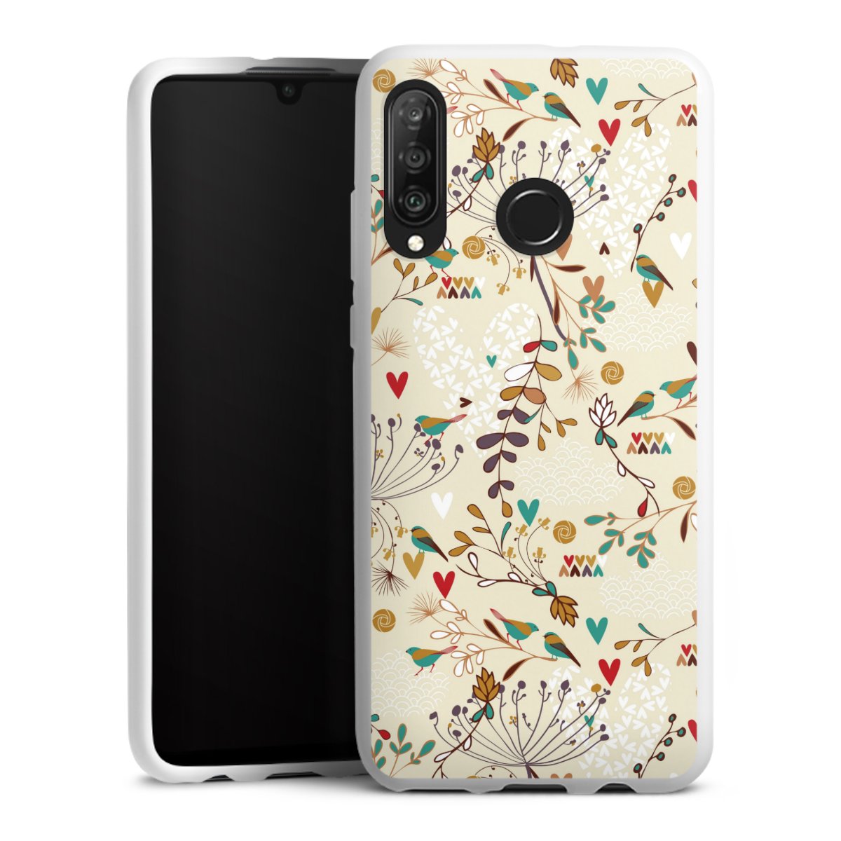 Huawei P30 Lite Handy Silikon Hülle Case weiß Handyhülle Bird Flowers Retro Silikon Case