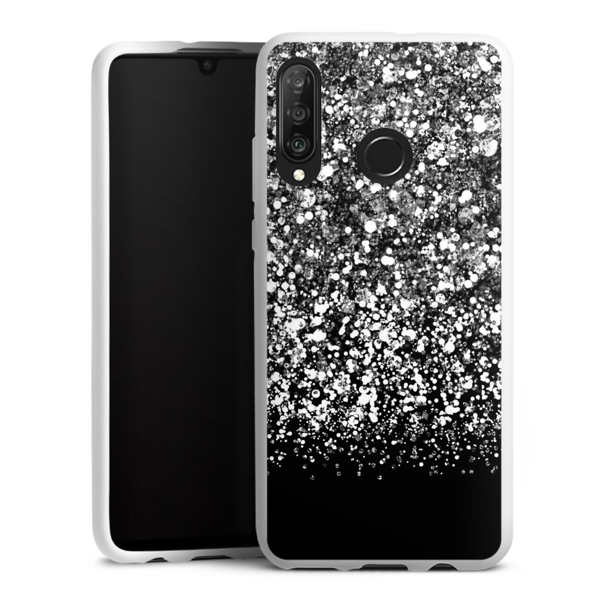 Huawei P30 Lite Handy Silikon Hülle Case weiß Handyhülle Glitzer Snowflake Muster Silikon Case