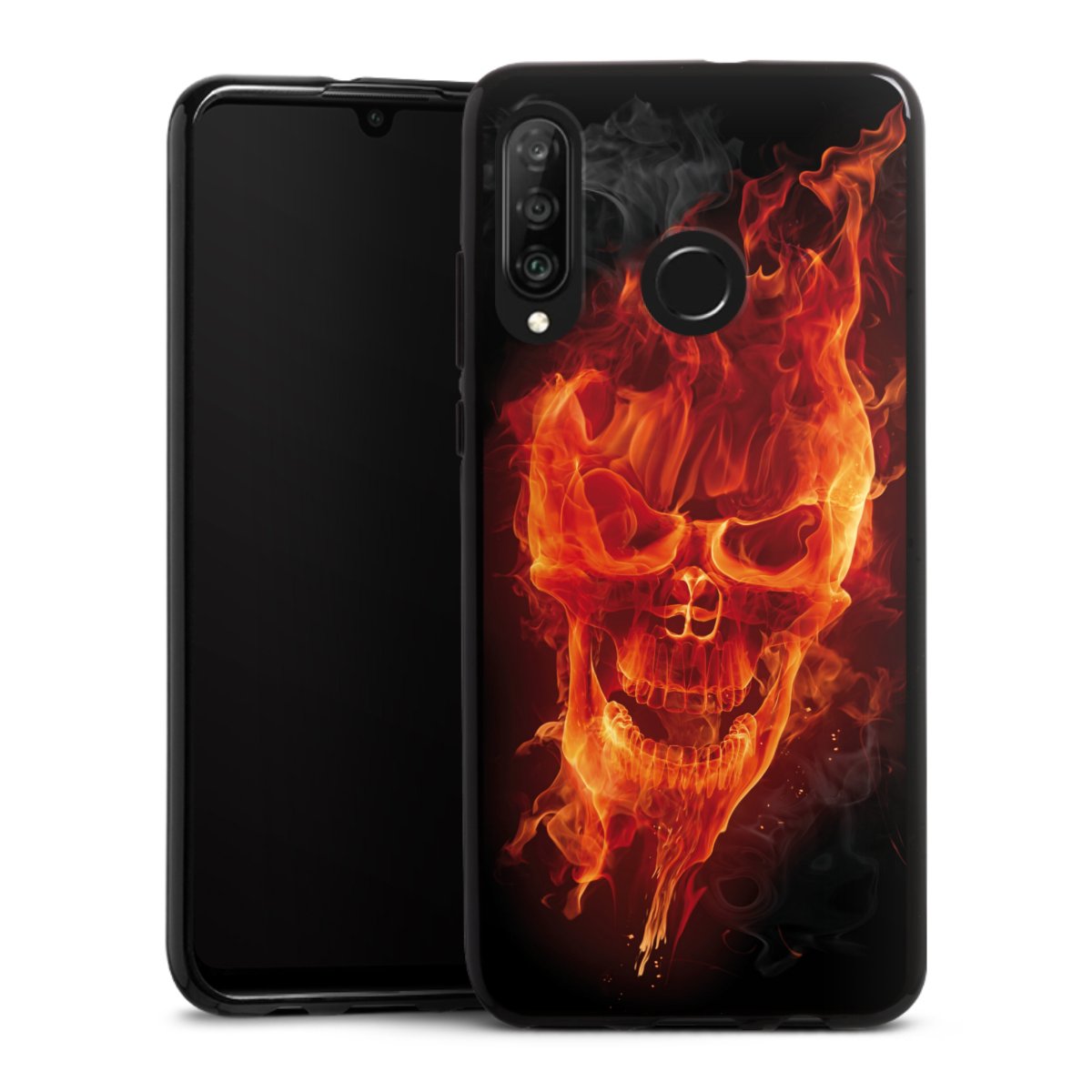 Huawei P30 Lite Handy Silikon Hülle Case schwarz Handyhülle Totenkopf Skull Fire