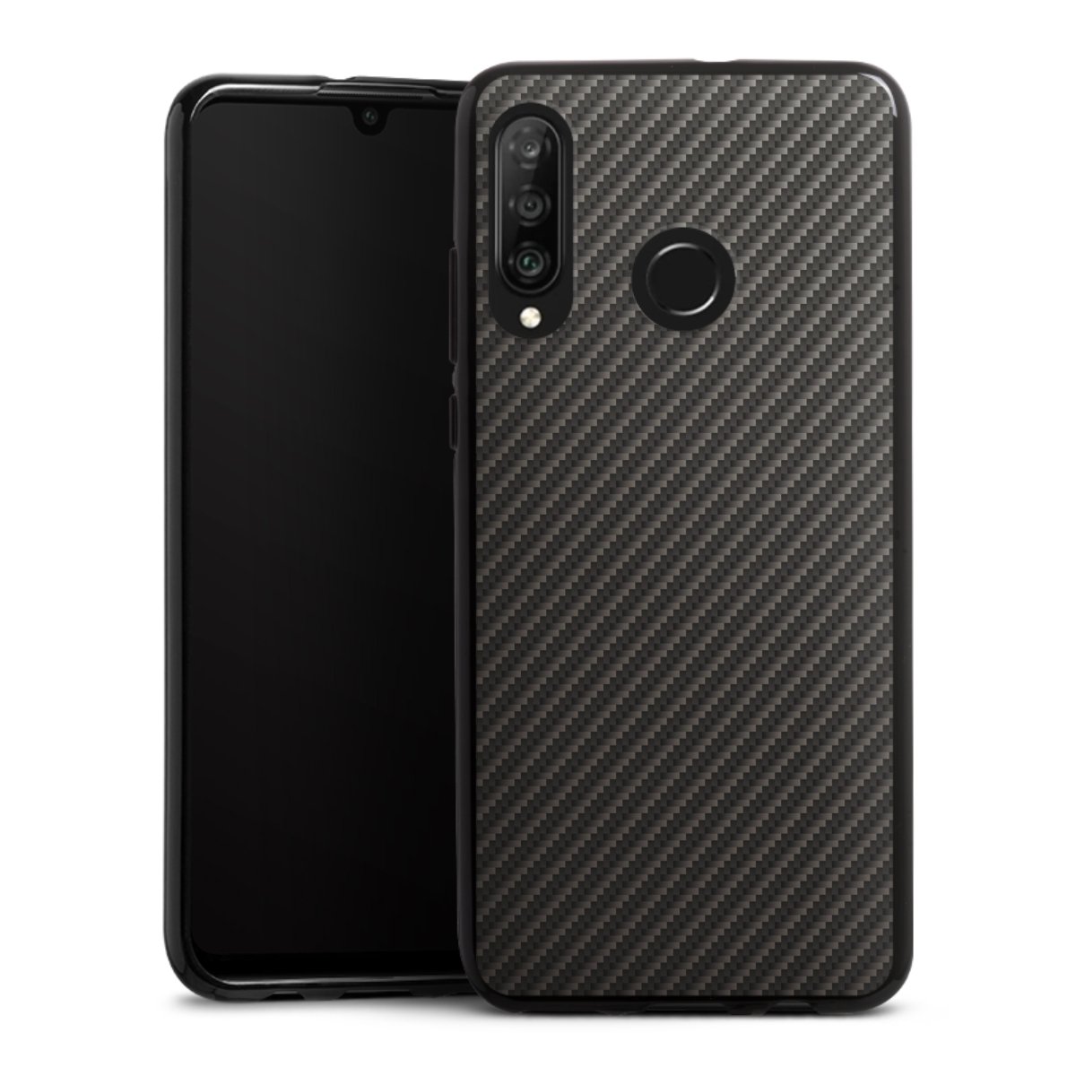 Huawei P30 Lite Handy Silikon Hülle Case schwarz Handyhülle Metallic Look Carbon Muster