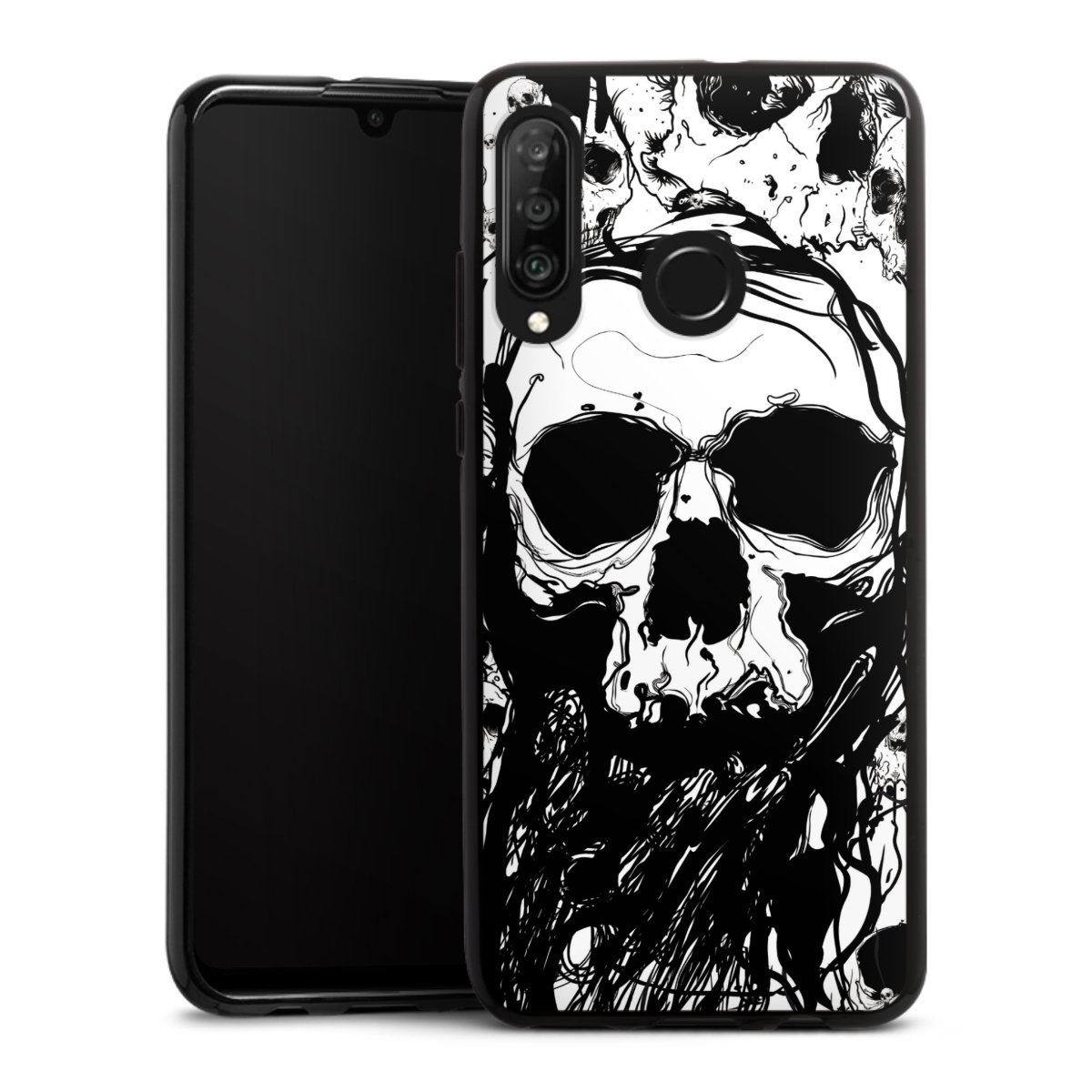 Huawei P30 Lite Handy Silikon Hülle Case schwarz Handyhülle Totenkopf Halloween