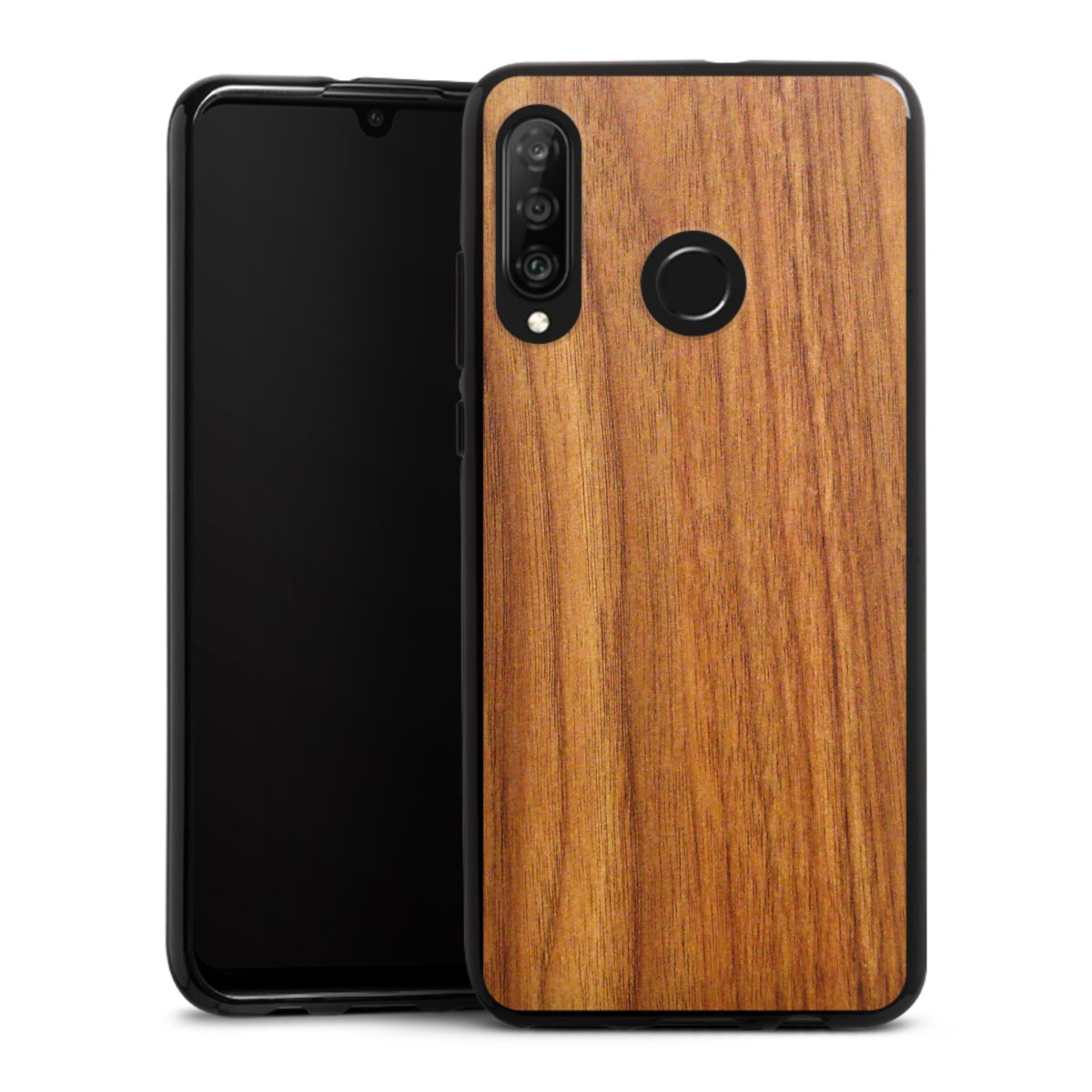 Huawei P30 Lite Handy Silikon Hülle Case schwarz Handyhülle Wood Larch Wooden Look