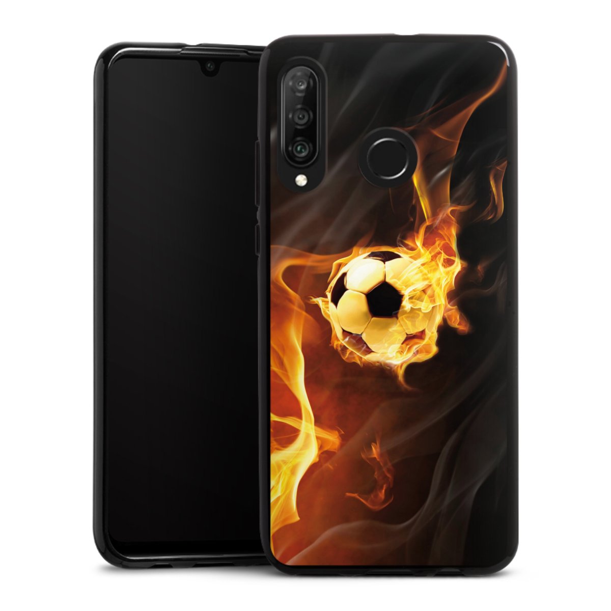 Huawei P30 Lite Handy Silikon Hülle Case schwarz Handyhülle Ball Fire Soccer