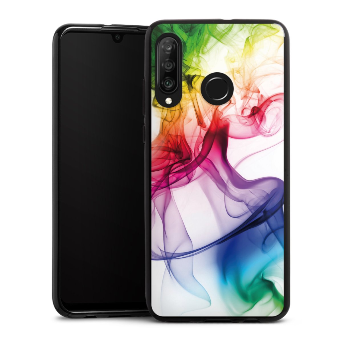 Huawei P30 Lite Handy Silikon Hülle Case schwarz Handyhülle Water Colour Rainbow