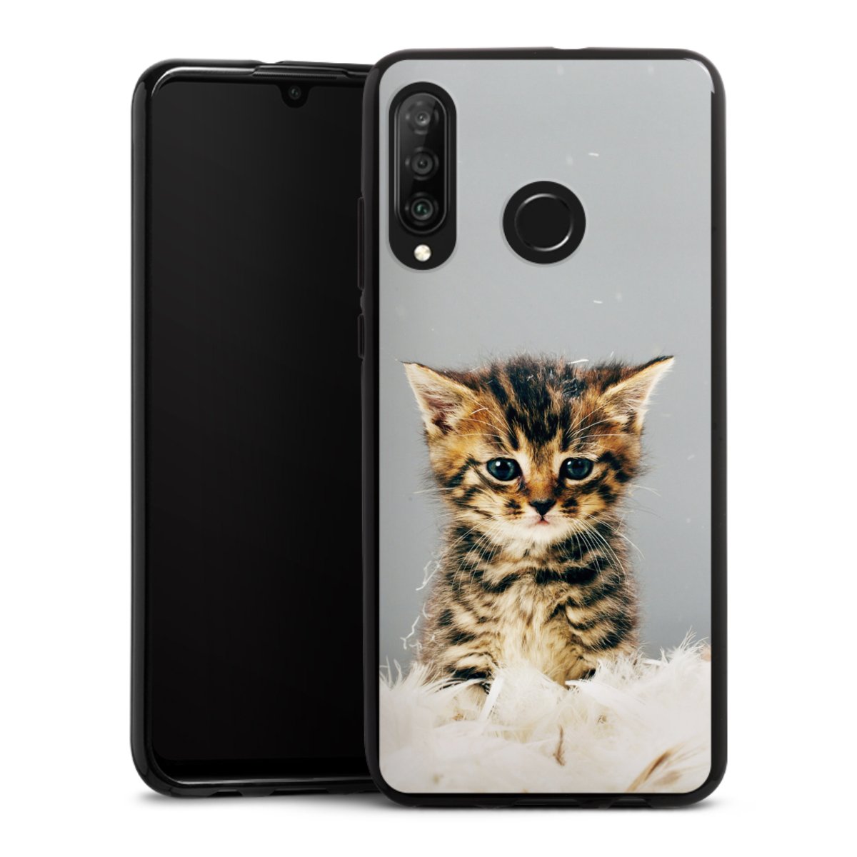 Huawei P30 Lite Handy Silikon Hülle Case schwarz Handyhülle Cat Feather Pet