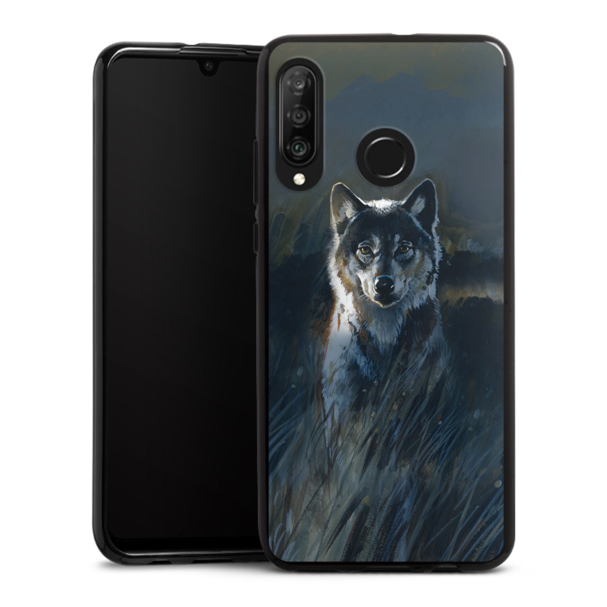 Huawei P30 Lite Handy Silikon Hülle Case schwarz Handyhülle Nature Wolf Painting