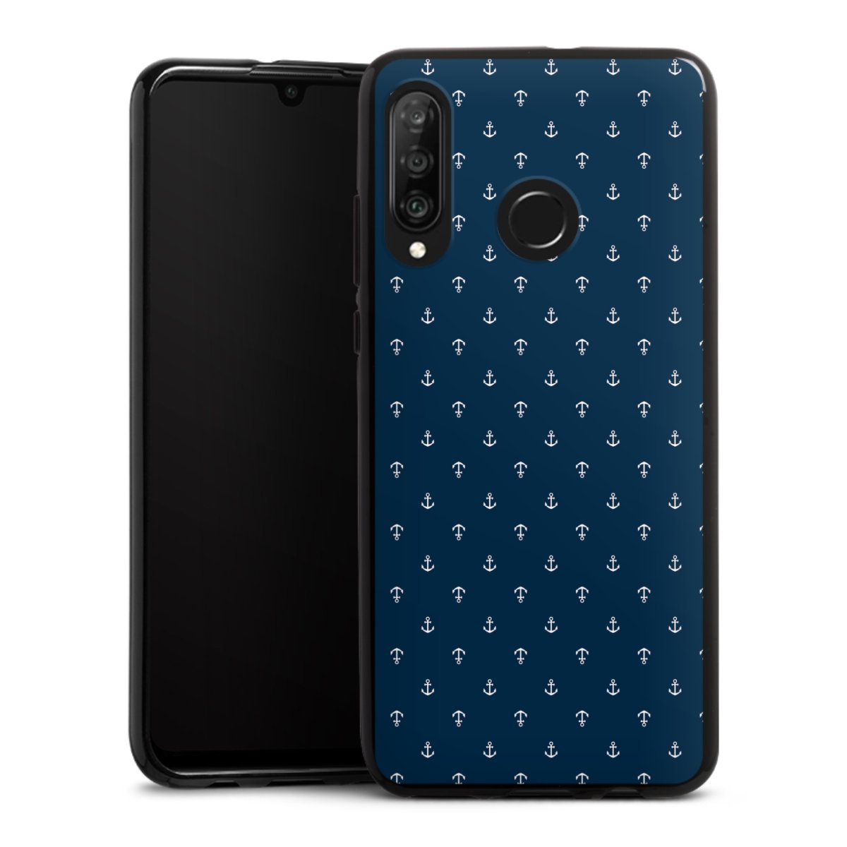 Huawei P30 Lite Handy Silikon Hülle Case schwarz Handyhülle Muster Anchor Sail