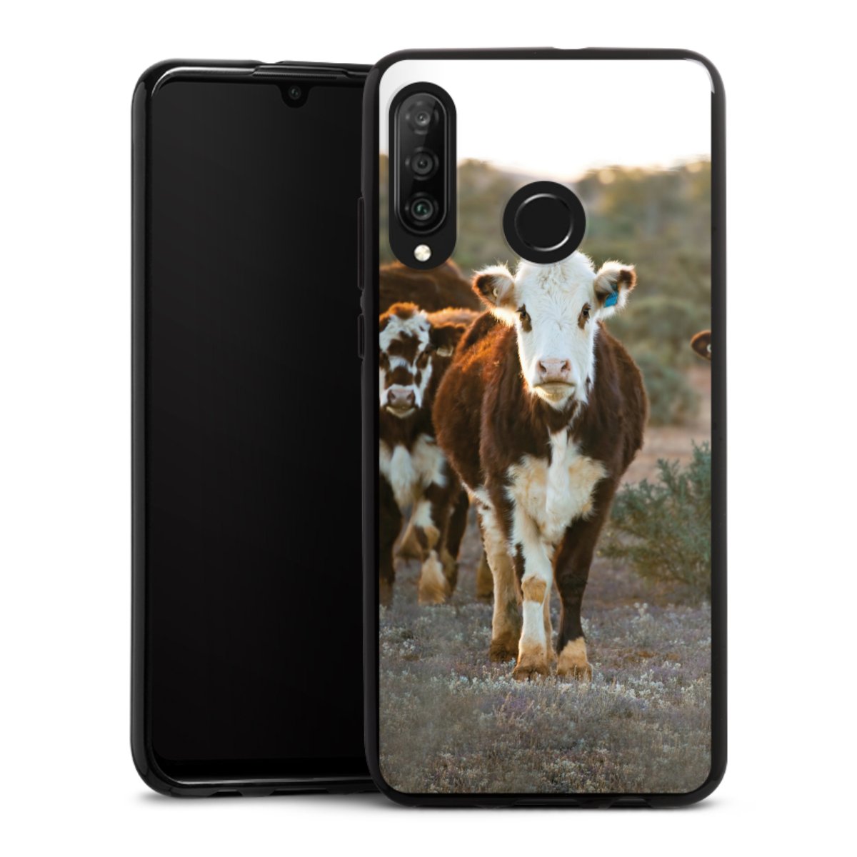 Huawei P30 Lite Handy Silikon Hülle Case schwarz Handyhülle Cow Farmer Calf