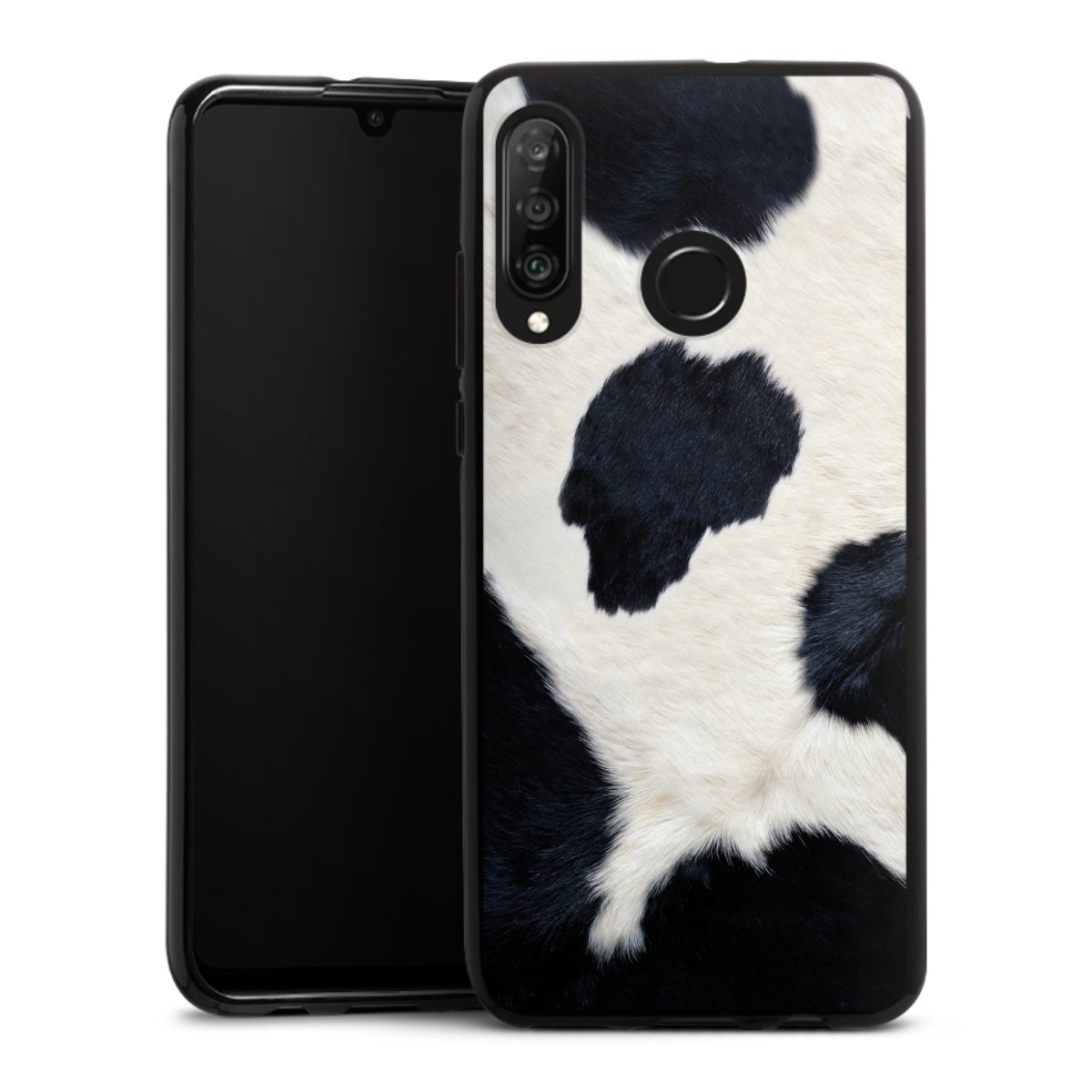 Huawei P30 Lite Handy Silikon Hülle Case schwarz Handyhülle Animal Look Animal Print Cow Skin