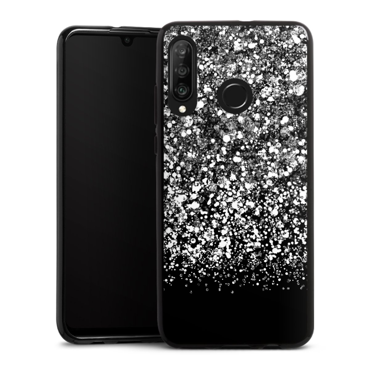 Huawei P30 Lite Handy Silikon Hülle Case schwarz Handyhülle Glitzer Snowflake Muster