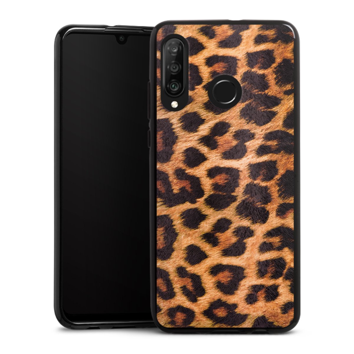 Huawei P30 Lite Handy Silikon Hülle Case schwarz Handyhülle Animal Print Leopard Fur