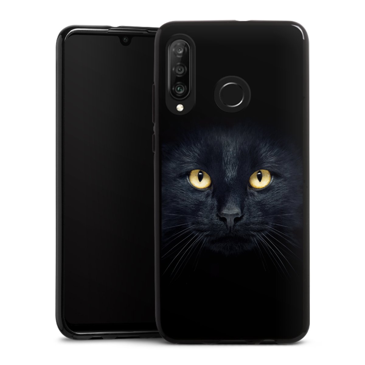 Huawei P30 Lite Handy Silikon Hülle Case schwarz Handyhülle Eye Cat Black