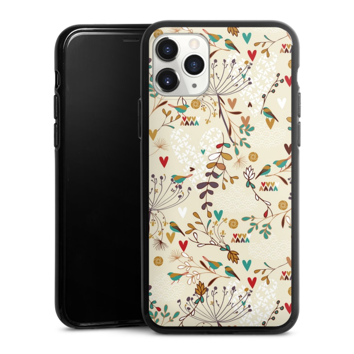 iPhone 11 Pro Handy Silikon Hülle Case schwarz Handyhülle Bird Flowers Retro