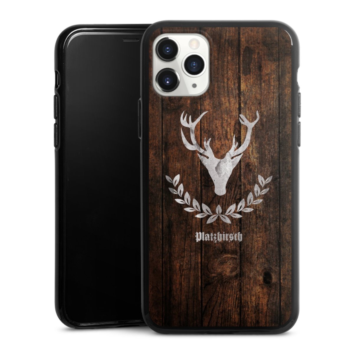 iPhone 11 Pro Handy Silikon Hülle Case schwarz Handyhülle Deer Wood Wooden Look