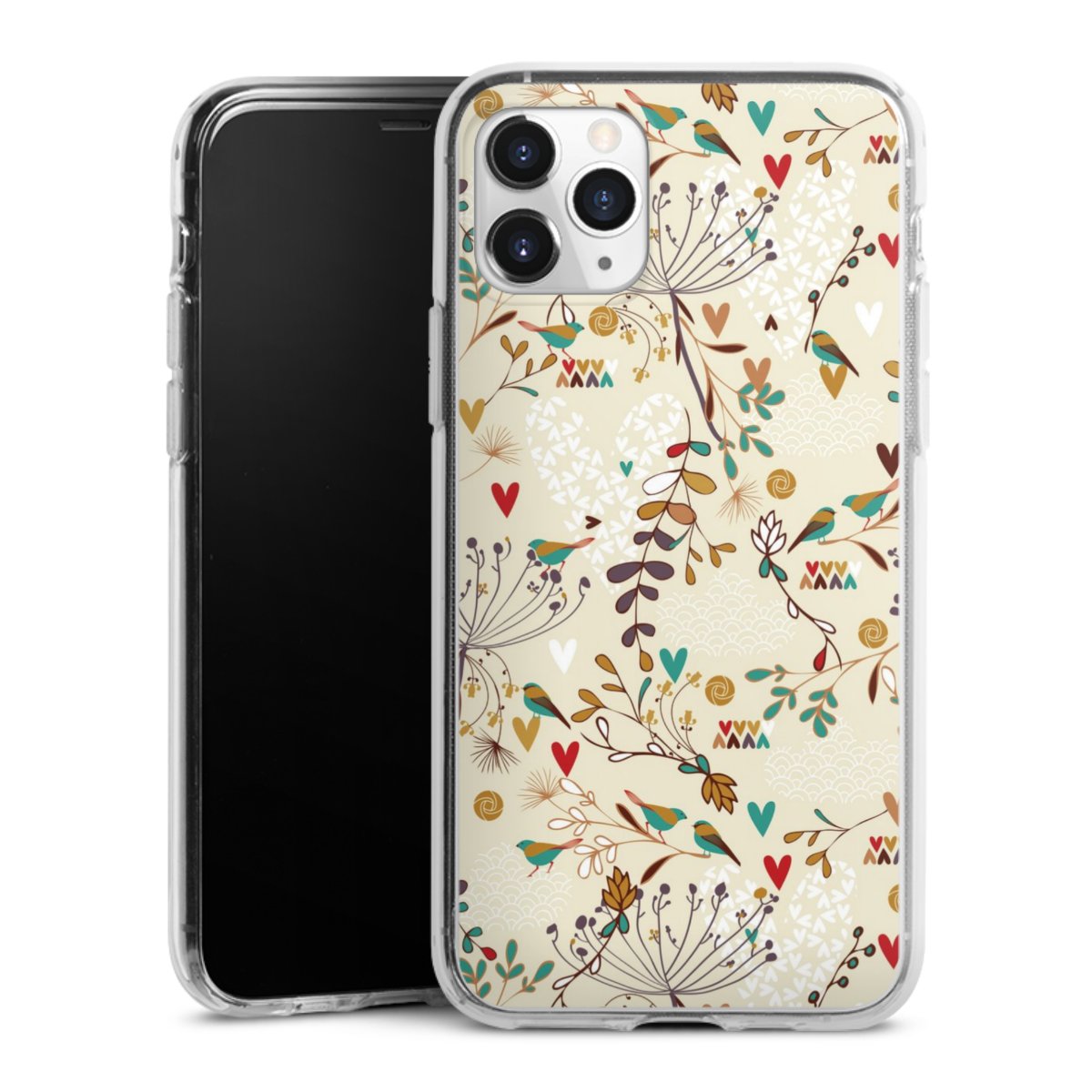 iPhone 11 Pro Handy Silikon Hülle Case transparent Handyhülle Bird Flowers Retro Silikon Case