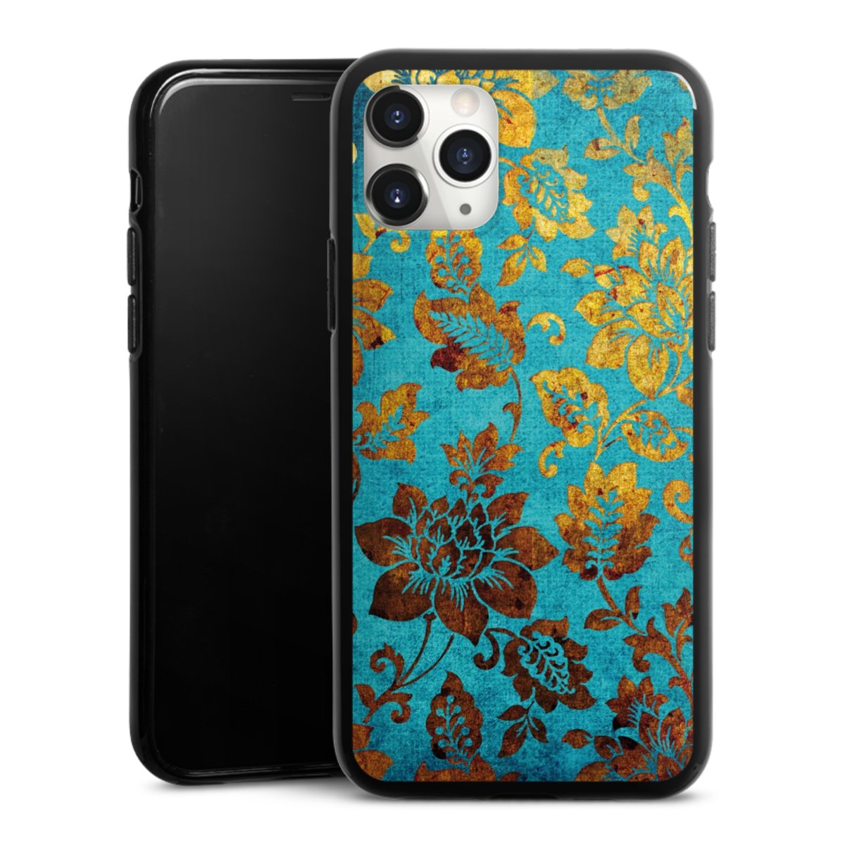 iPhone 11 Pro Max Handy Silikon Hülle Case schwarz Handyhülle Ornament Vintage Flowers