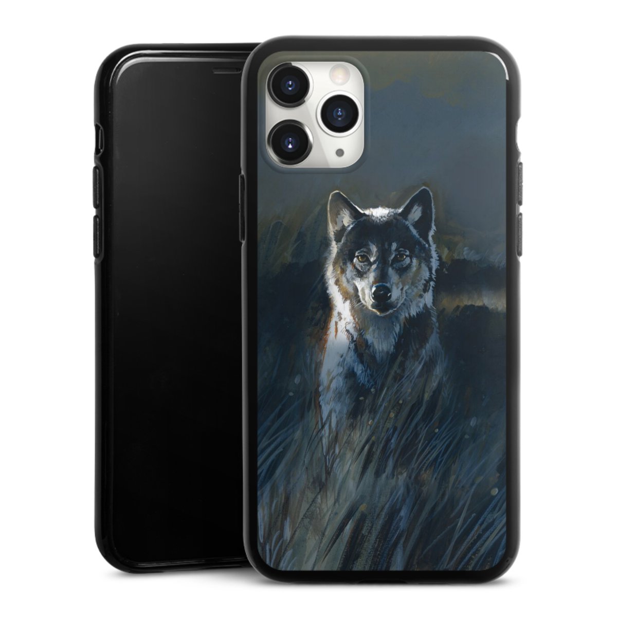 iPhone 11 Pro Max Handy Silikon Hülle Case schwarz Handyhülle Nature Wolf Painting