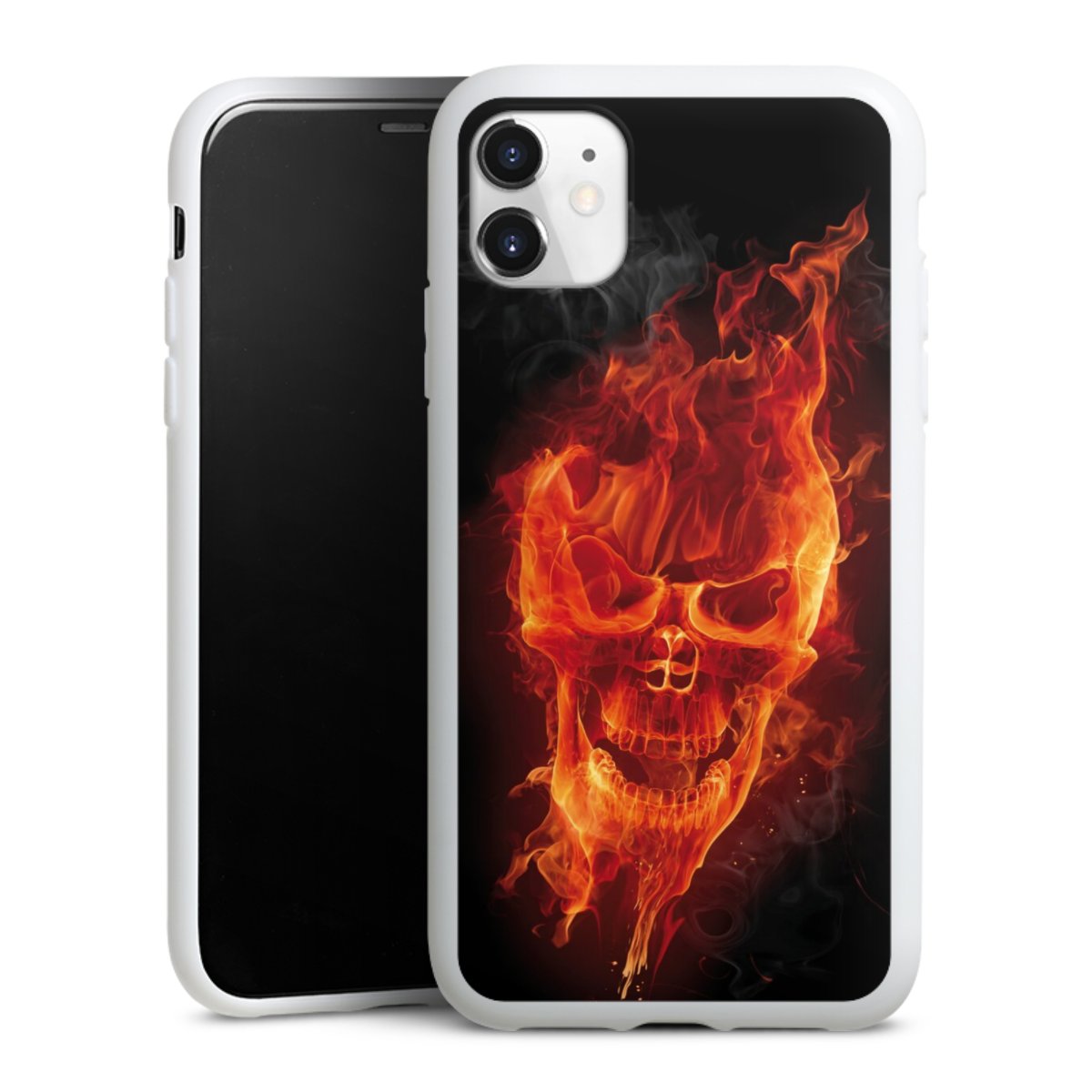 iPhone 11 Handy Silikon Hülle Case weiß Handyhülle Totenkopf Skull Fire Silikon Case