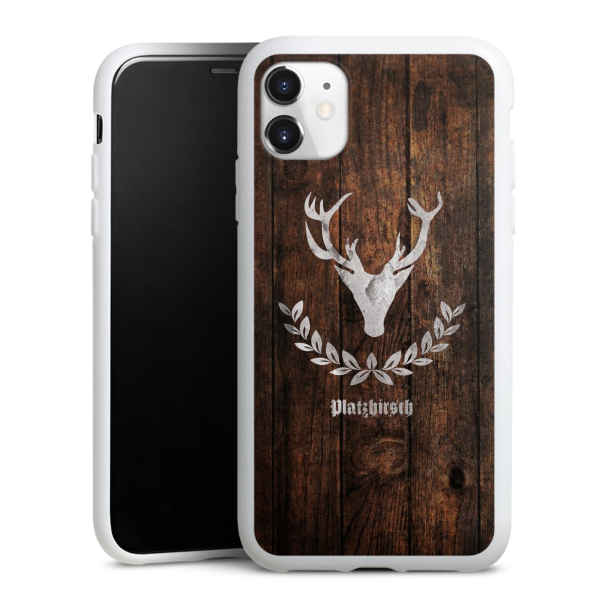 iPhone 11 Handy Silikon Hülle Case weiß Handyhülle Deer Wood Wooden Look Silikon Case