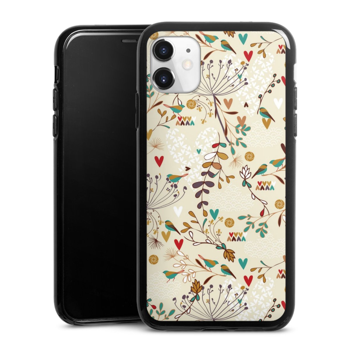 iPhone 11 Handy Silikon Hülle Case schwarz Handyhülle Bird Flowers Retro