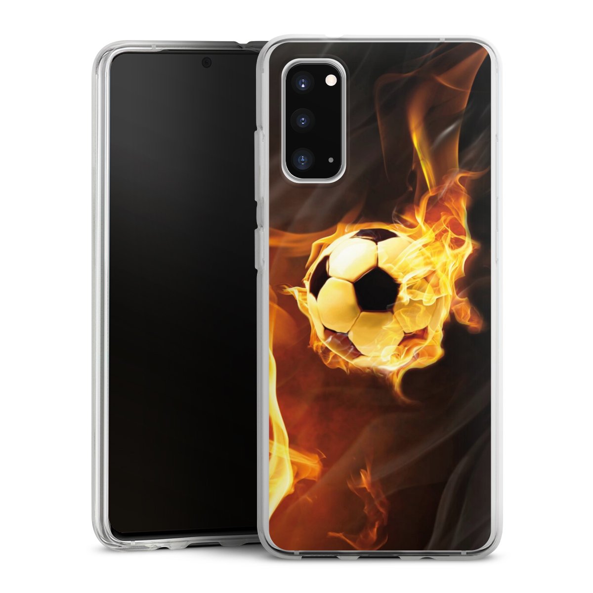 Galaxy S20 Handy Silikon Hülle Case transparent Handyhülle Ball Fire Soccer Silikon Case