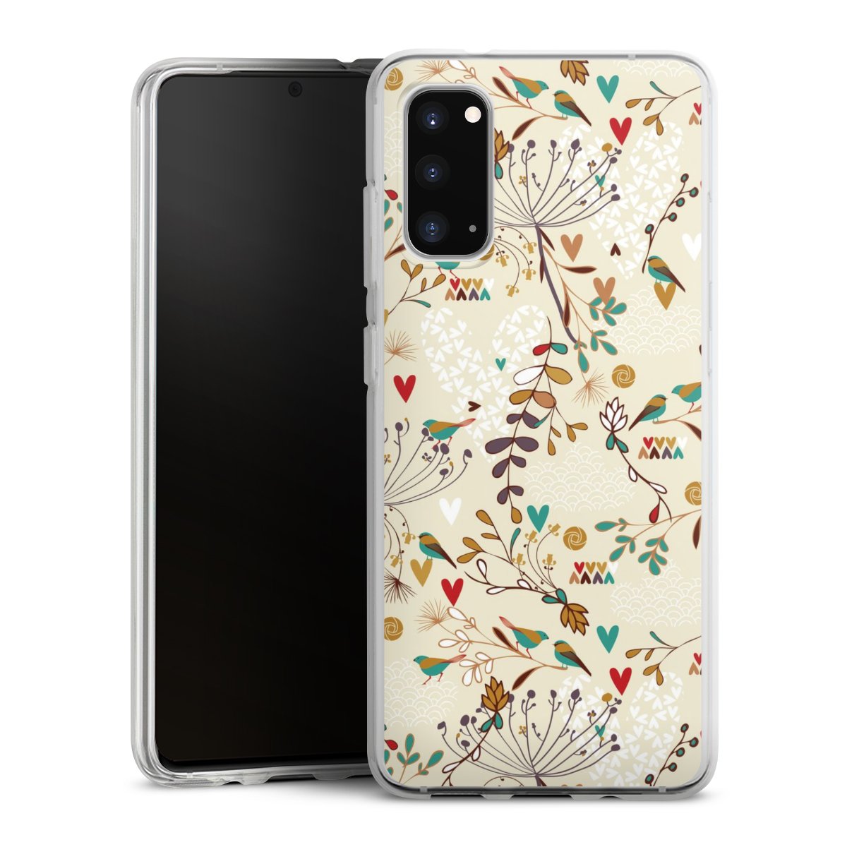 Galaxy S20 Handy Silikon Hülle Case transparent Handyhülle Bird Flowers Retro Silikon Case