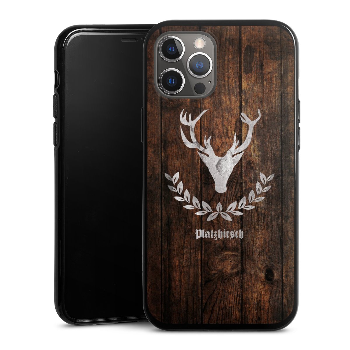 iPhone 12 Pro Max Handy Silikon Hülle Case schwarz Handyhülle Deer Wood Wooden Look