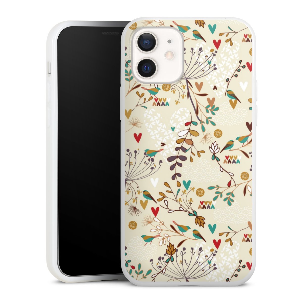 iPhone 12 Handy Silikon Hülle Case weiß Handyhülle Bird Flowers Retro Silikon Case