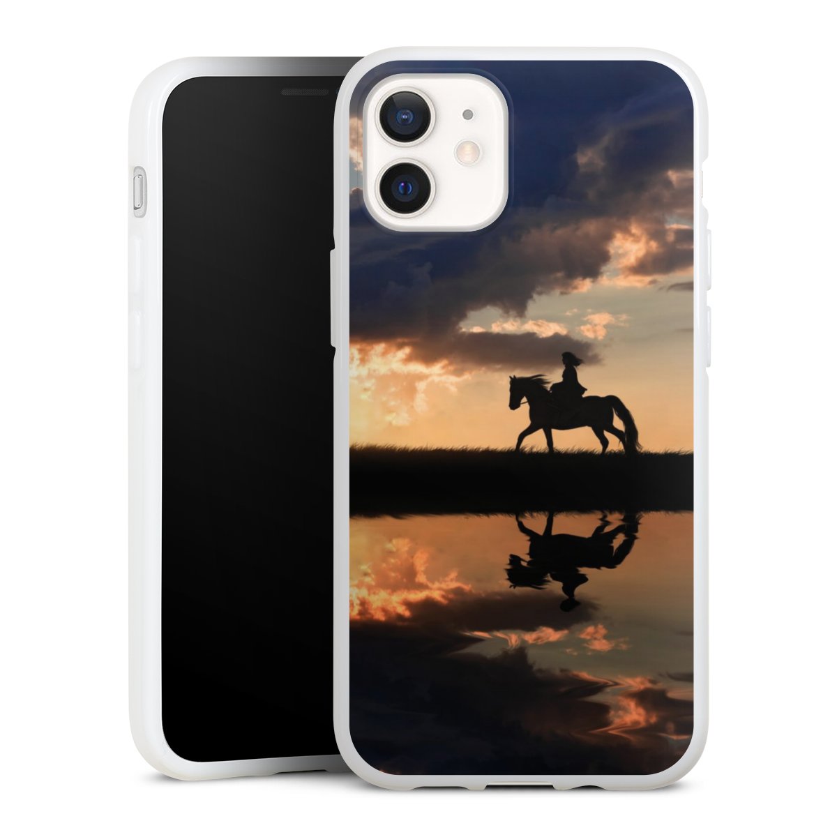 iPhone 12 mini Handy Silikon Hülle Case weiß Handyhülle Horse Sunset Horseback Riding Silikon Case