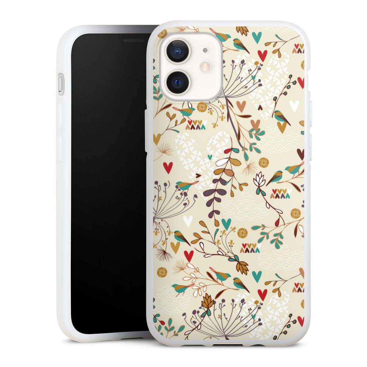 iPhone 12 mini Handy Silikon Hülle Case weiß Handyhülle Bird Flowers Retro Silikon Case