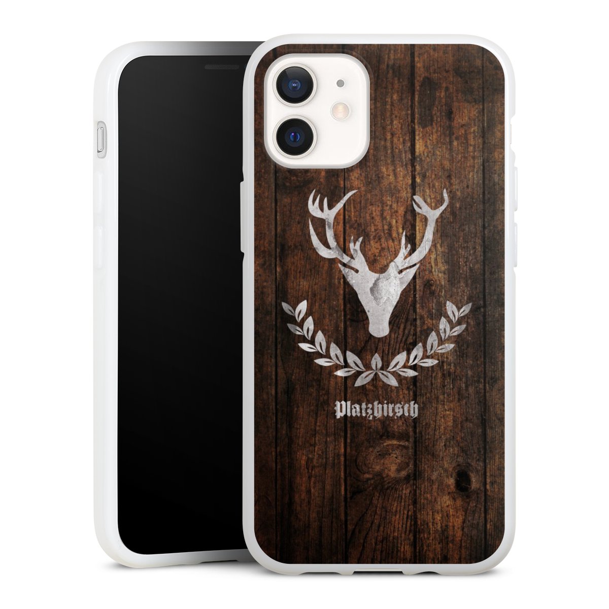 iPhone 12 mini Handy Silikon Hülle Case weiß Handyhülle Deer Wood Wooden Look Silikon Case