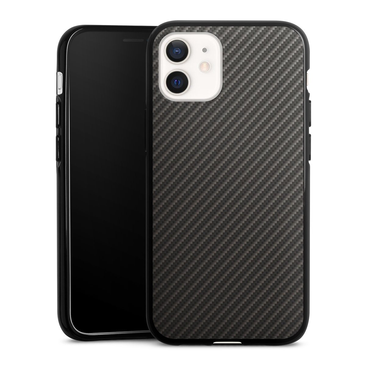 iPhone 12 mini Handy Silikon Hülle Case schwarz Handyhülle Metallic Look Carbon Muster